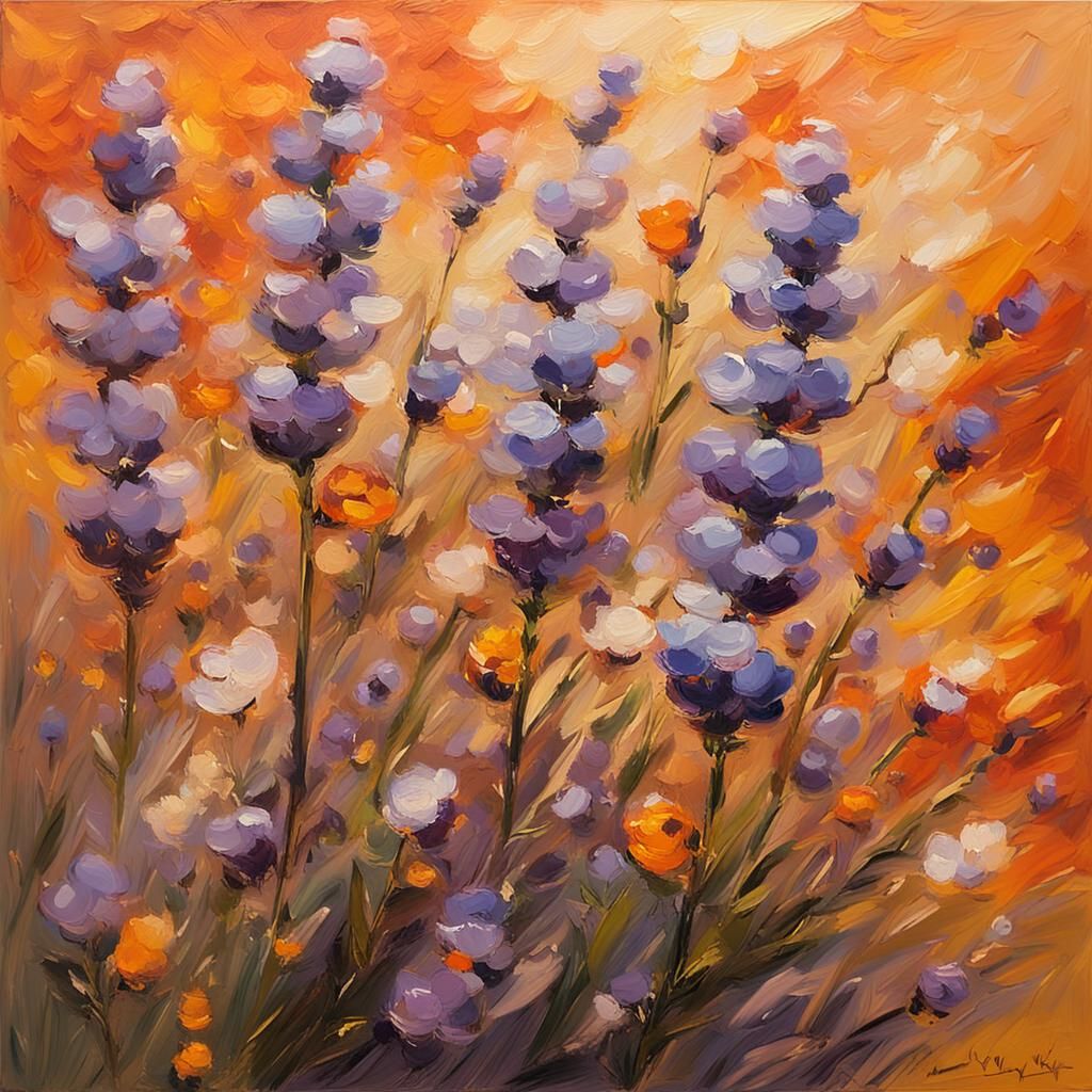Impressionist Lavender Field Painting in Golden Light