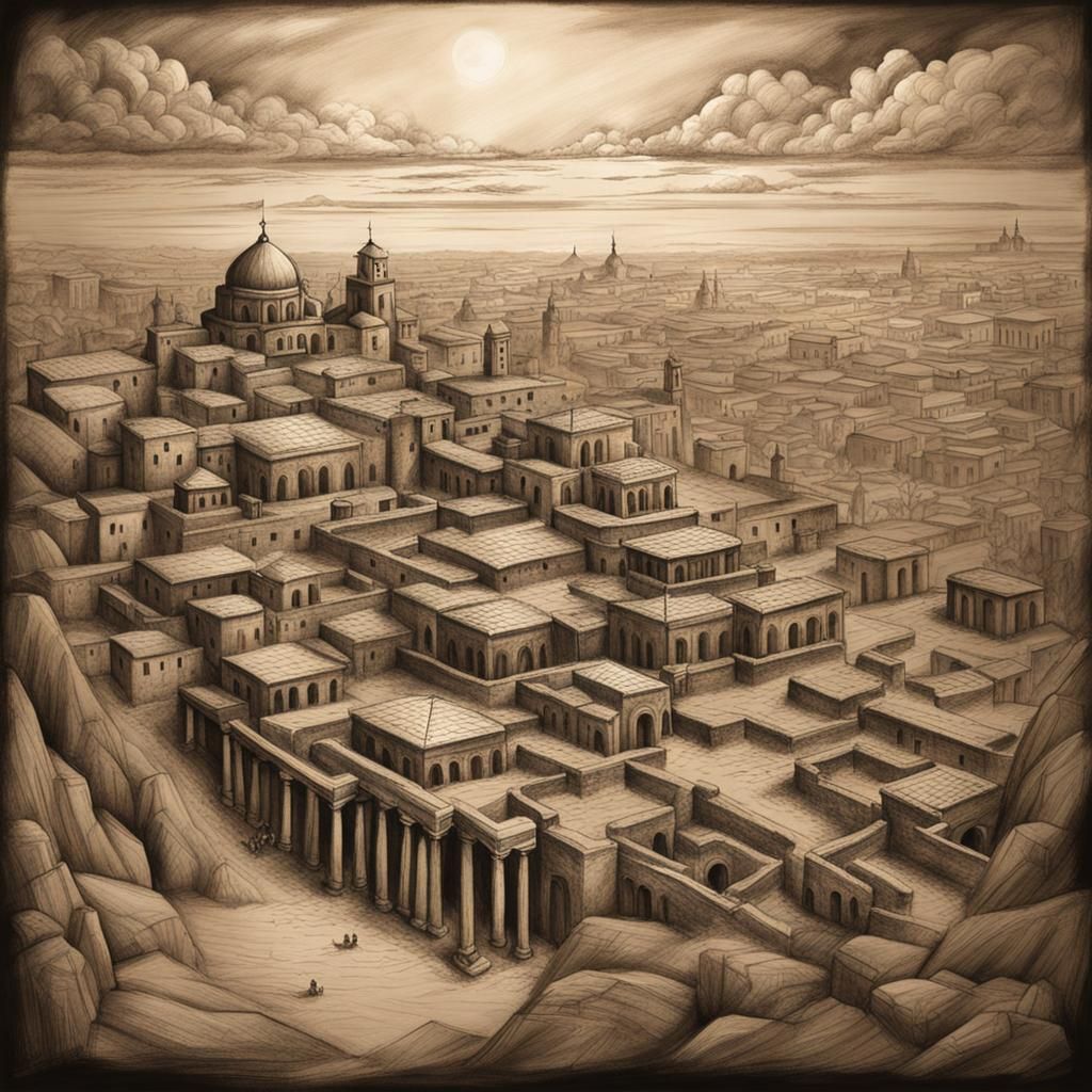 Ancient City Hidden in Papyrus Charcoal Drawing