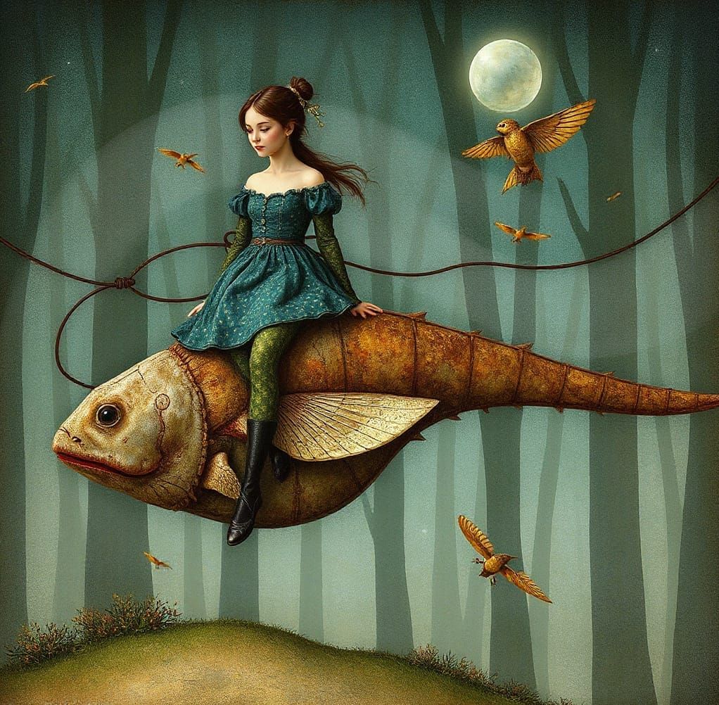 Whimsical Traveler Riding Abstract Flying Fish in Magical Re...