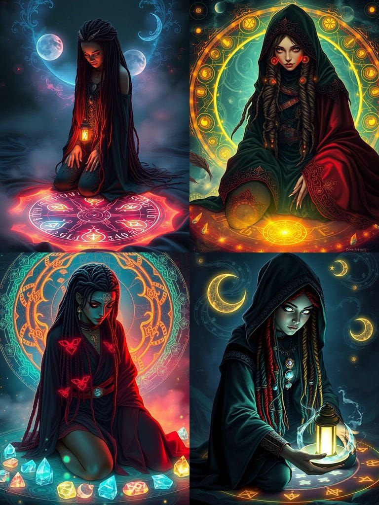 Mystical Priestess in Bioluminescent Circle