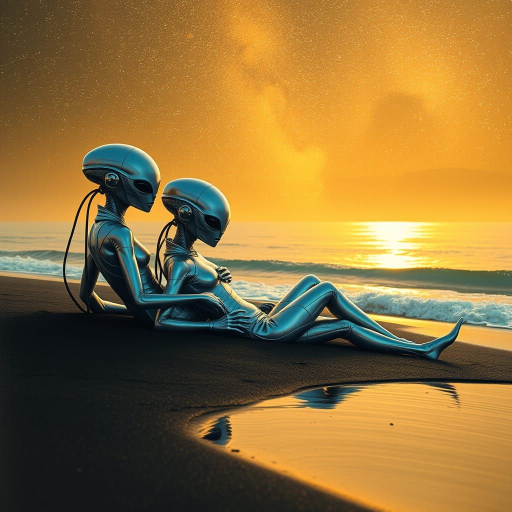 Iridescent Aliens Relax on Golden Beach
