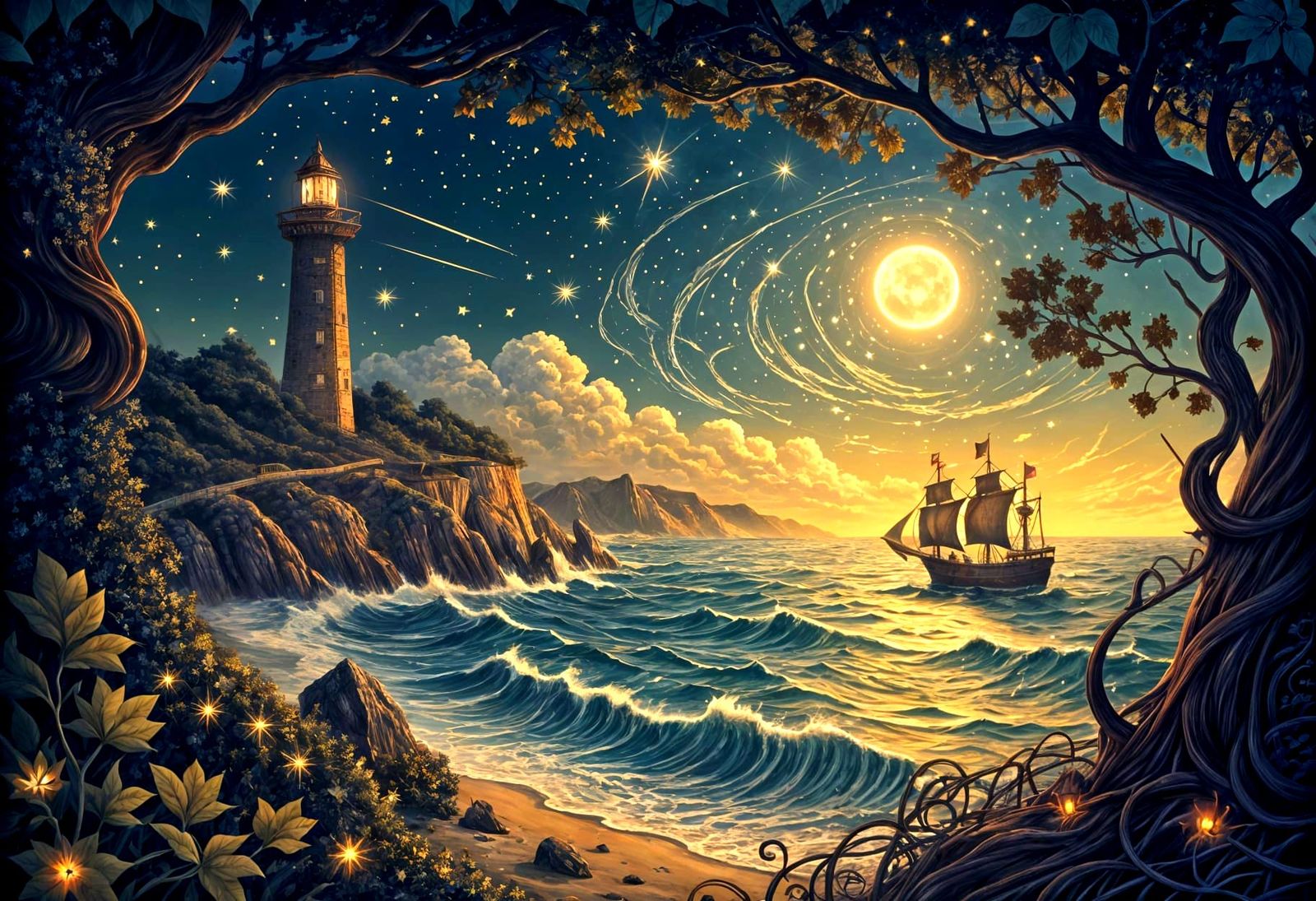 Pirate Ship Sails on a Moonlit Ocean