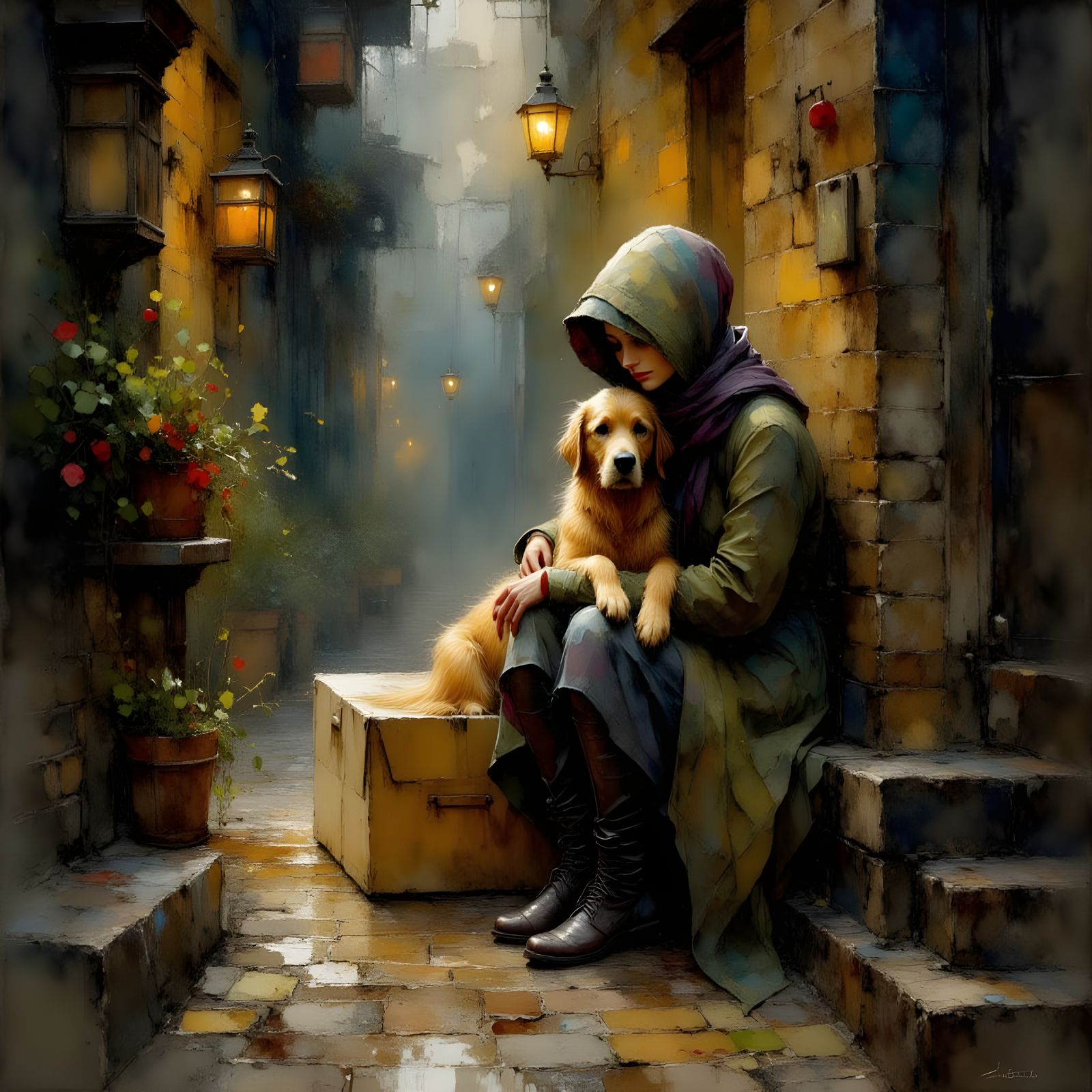 Homeless Girl and Dog in Storm, Impressionist Style