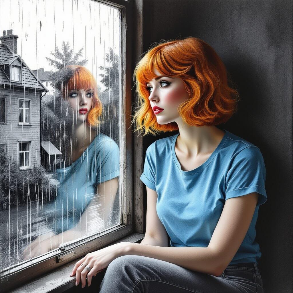 Surreal Monochrome Drawing of Woman at Rainy Window