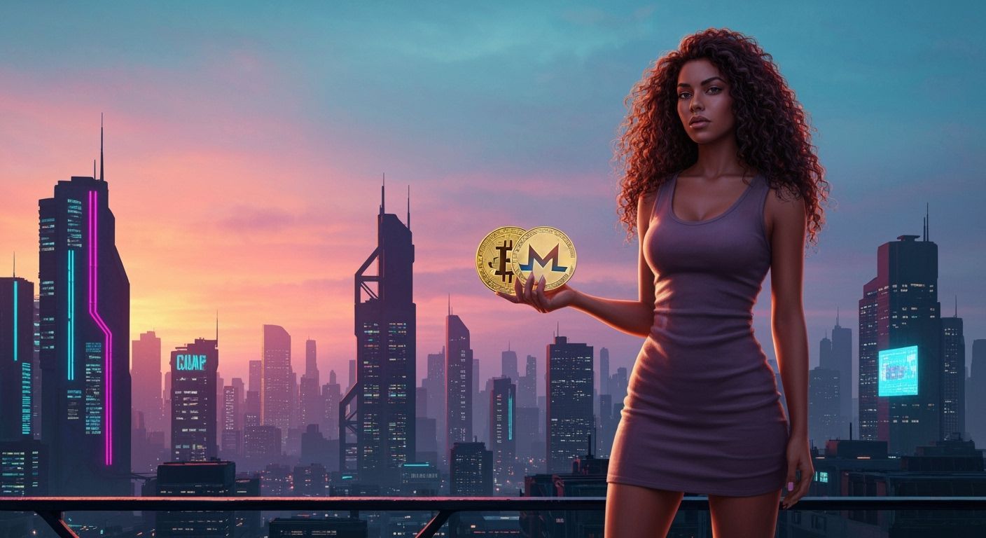 Latina Model in Cyberpunk Cityscape with Crypto Coins