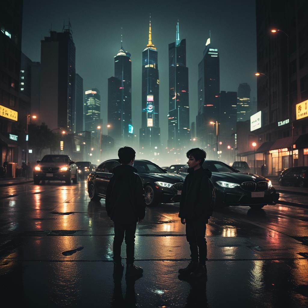 Moody Nightlife: Kid in a Dark, Cinematic Urban Scene
