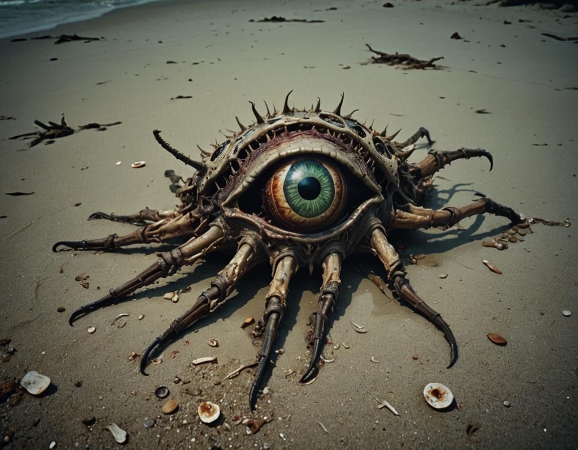 Hyperrealistic Insectoid Carcass on Beach: Lovecraftian Horr...