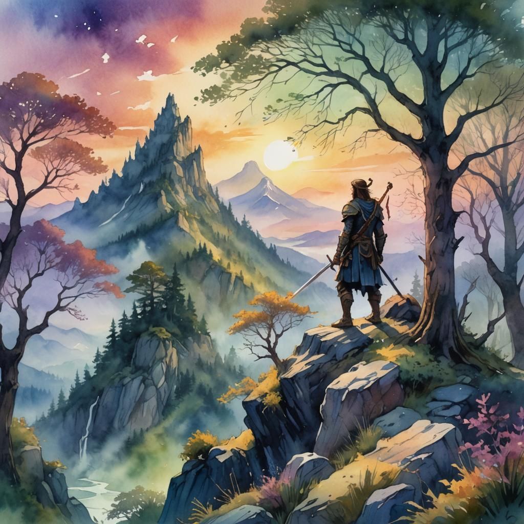 Warrior on Mystical Mountain in Watercolor Style