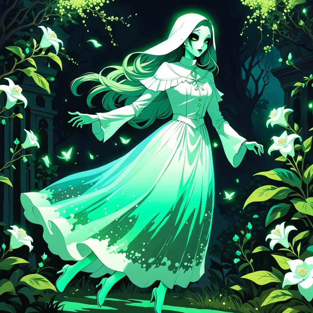 Ethereal Ghost Girl Gliding Through a Glitch Garden