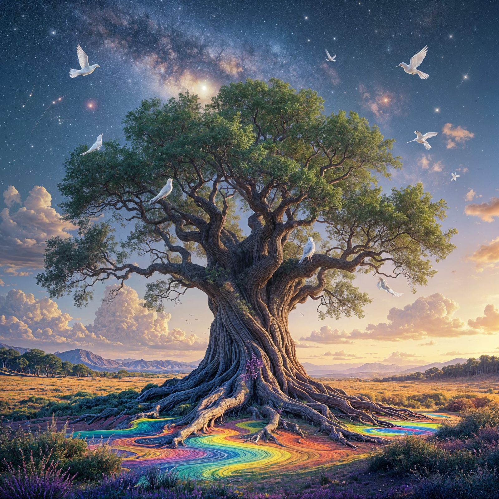 Amethyst Root Tree in Cosmic Landscape, Surreal Impressionis...