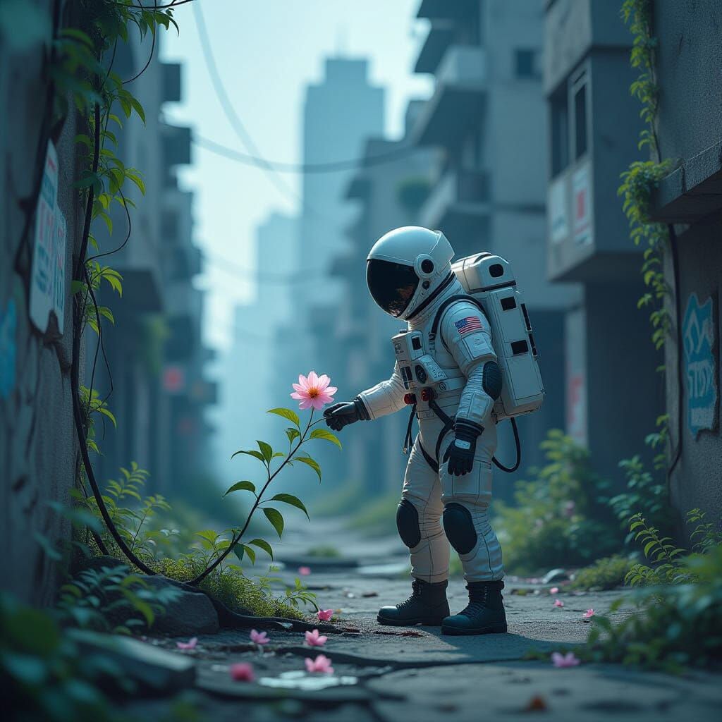 Astronaut Finds Sakura Blossom in Overgrown City Ruins