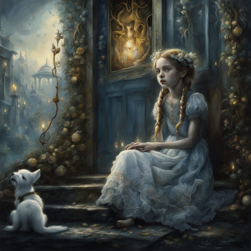 Whimsical Fantasy Scene with Girl and White Dog on Doorstep