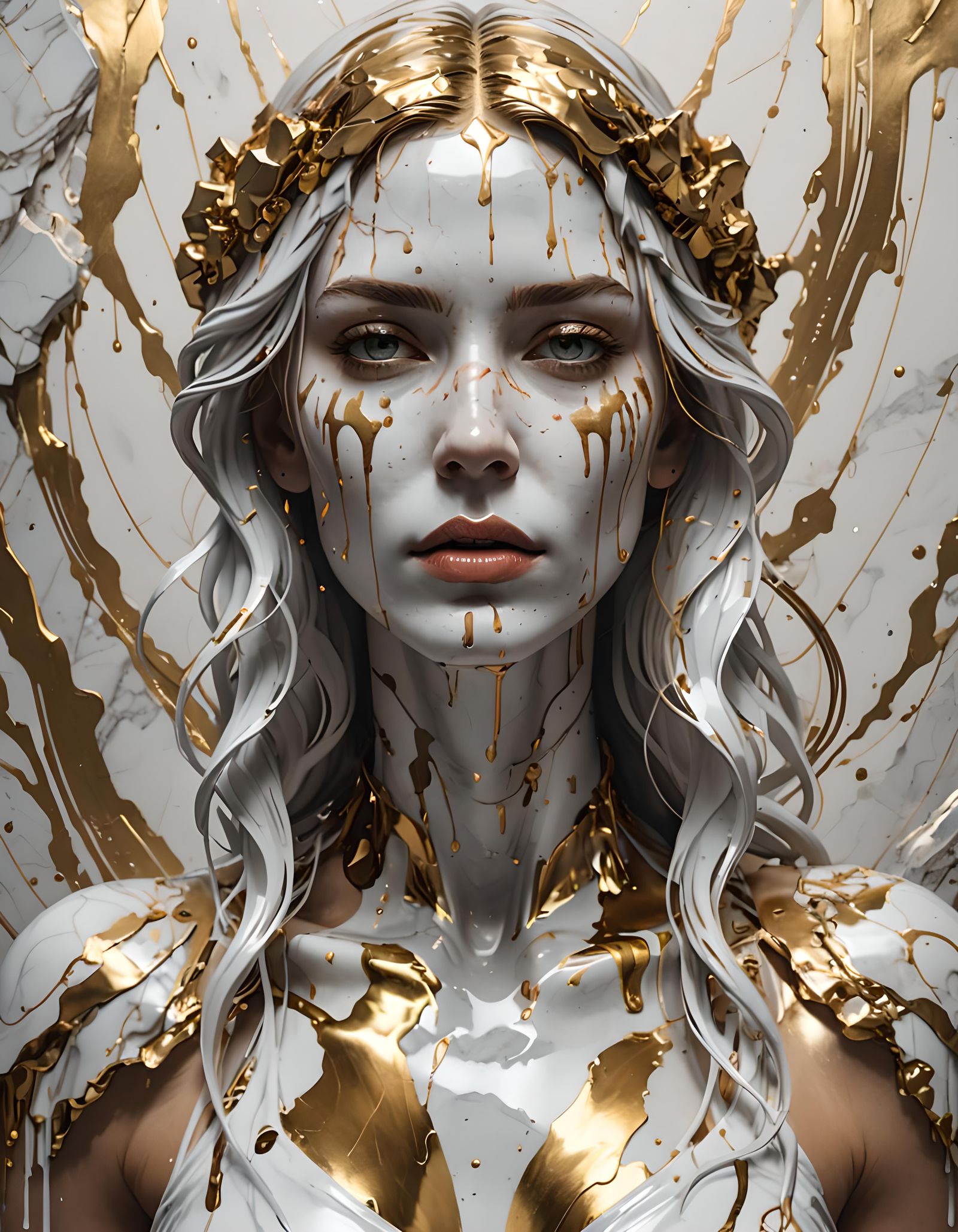 Marble Woman with Dripping Gold: Art Nouveau Portrait