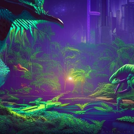 Cyberpunk Dinosaur in Bioluminescent Jungle Lagoon