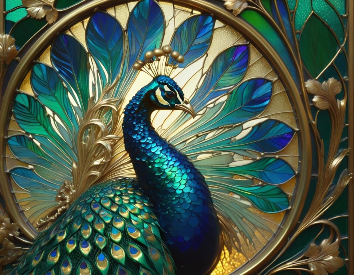 Art Nouveau Peacock Tail in Stained Glass Style