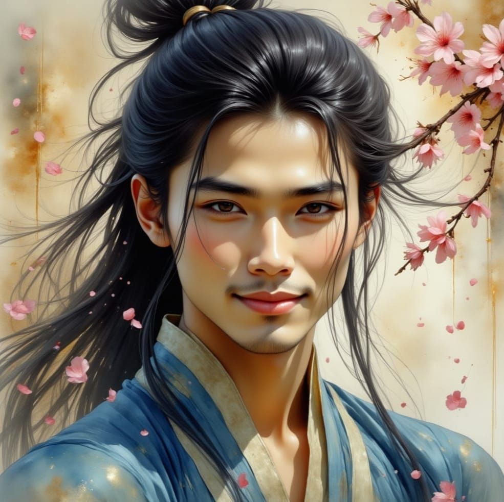 Ethereal Asian Prince Surrounded by Cherry Blossoms in a Daz...