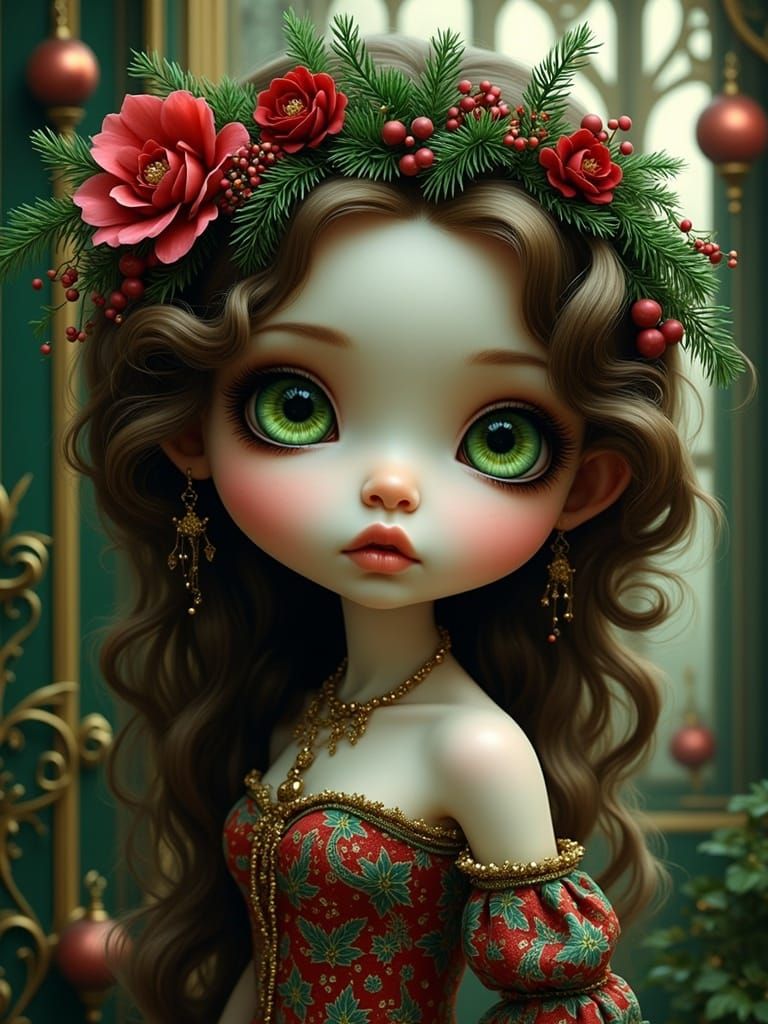 Gothic Pixie in Art Nouveau Christmas Scene