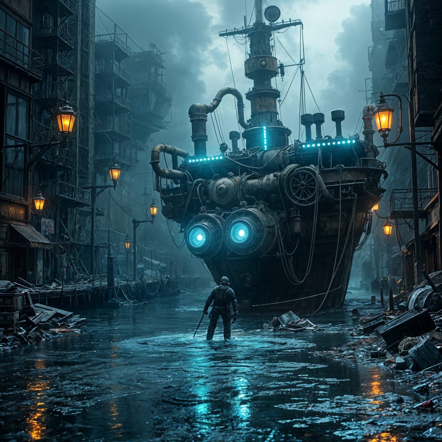 Steampunk Warship in Post-Apocalyptic Cityscape