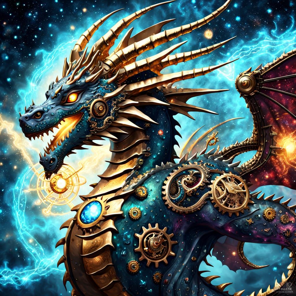 Steampunk Celestial Dragon Soaring Through Nebula