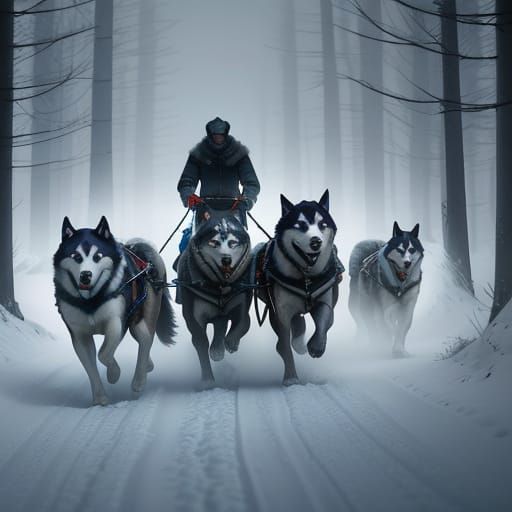 Huskies Pulling Sled Through Snowy Forest at Dusk