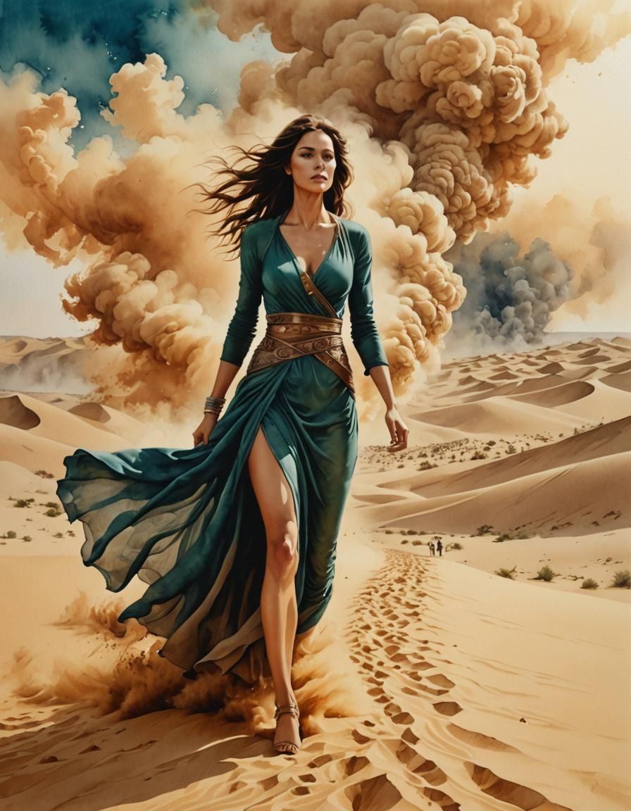 Surreal Watercolor: Woman Running from Sandstorm