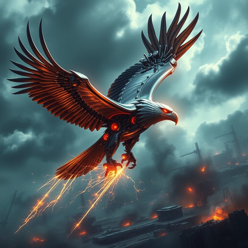Mechanical Eagle Soars Through Futuristic Stormy Skies