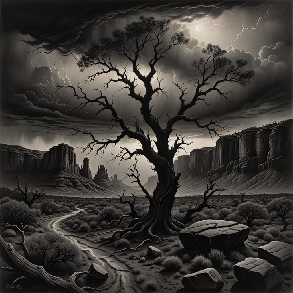 Dramatic Charcoal Drawing of The Haunted Mesa