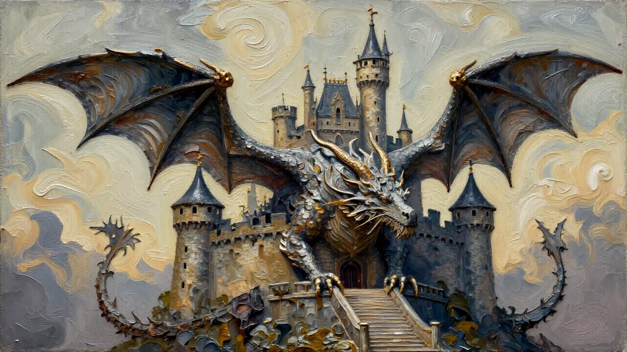 Epic Impasto Castle and Dragon Painting