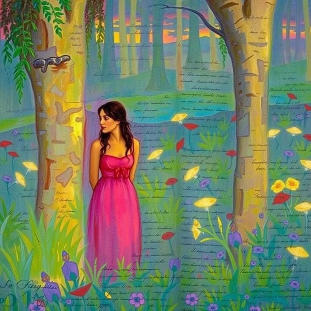 Sunset Landscape with Woman in Dreamy Romanticism Style