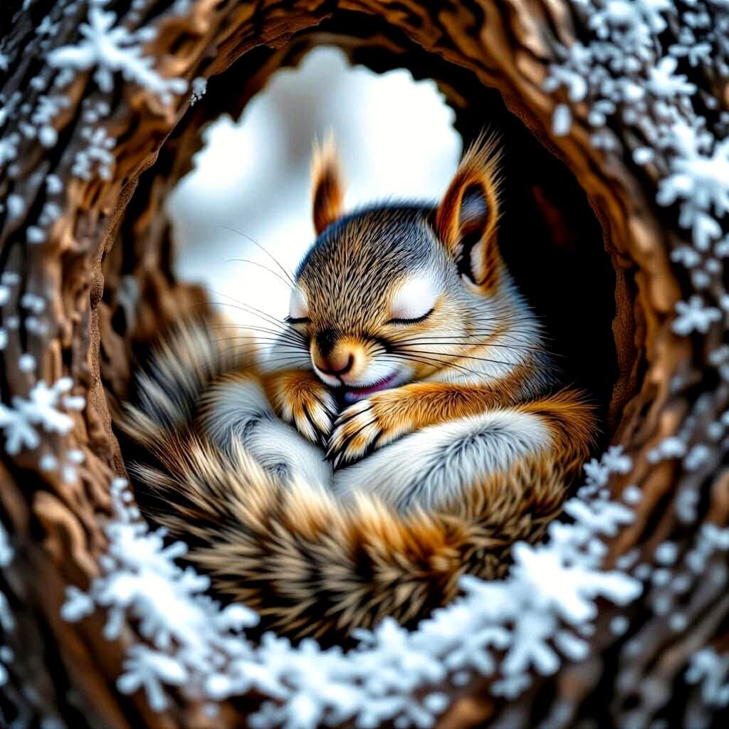 Sleeping Squirrel in Icy Tree Hole - Detailed Digital Matte ...