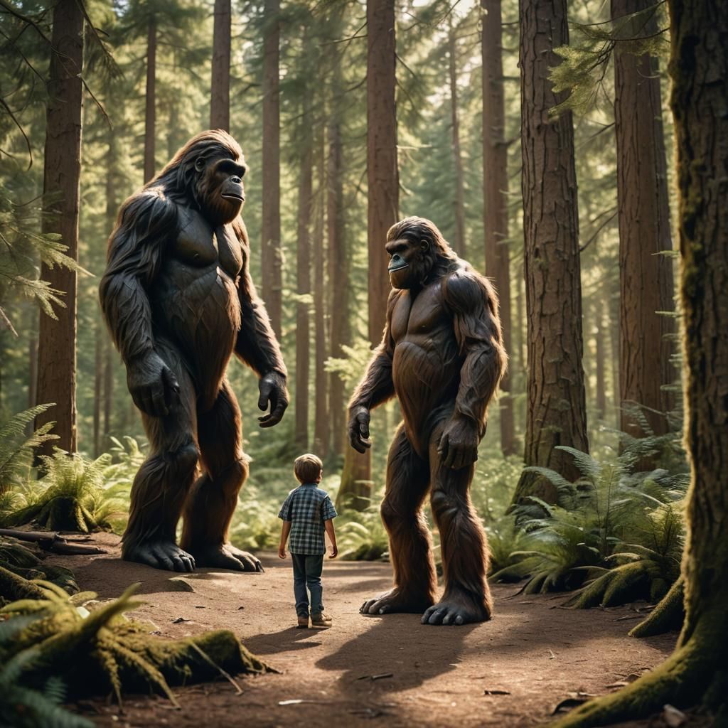Humanoid Bigfoot Connects with Gentle Giant in Forest Cleari...
