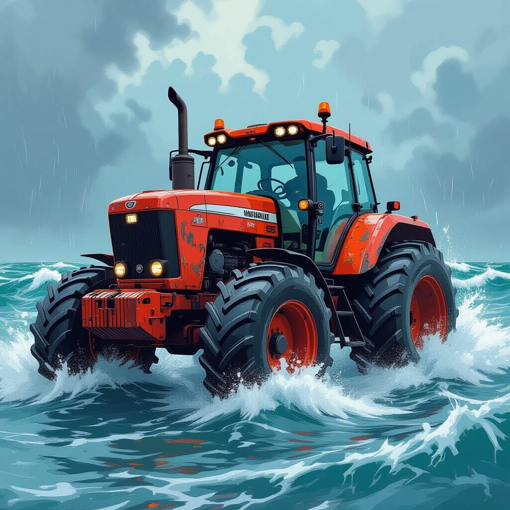 Tractor Stands Firm Against Stormy Sea in Vivid Style