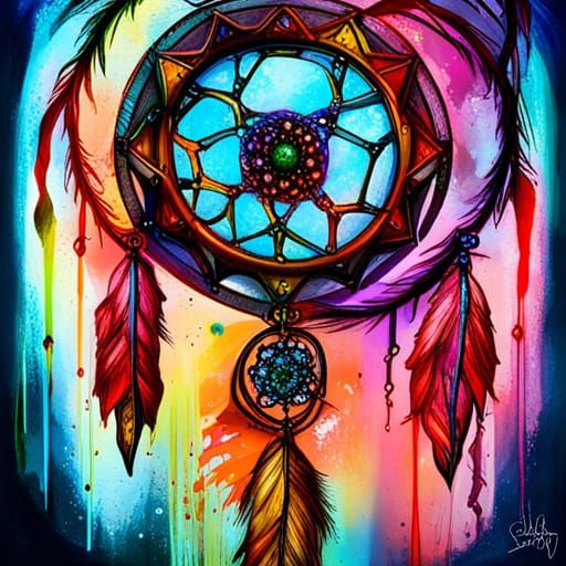 Cyberpunk Dreamcatcher Graffiti Art with Gemstones