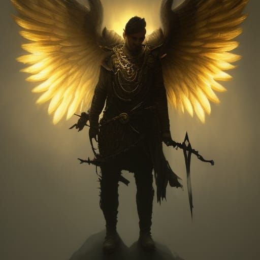 Golden-Winged Man with Dagger: Dark Fantasy Art