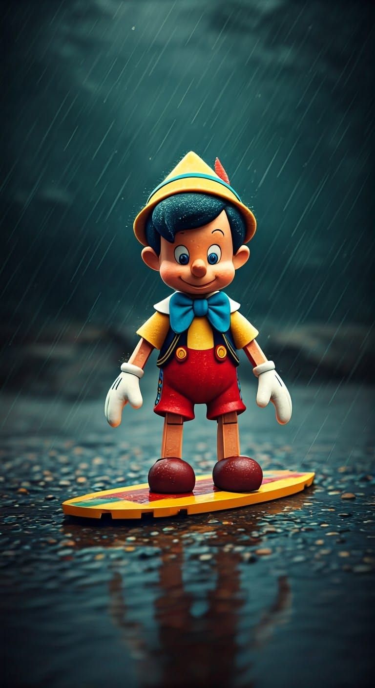Pinocchio Plush Toy on Lego Surfboard