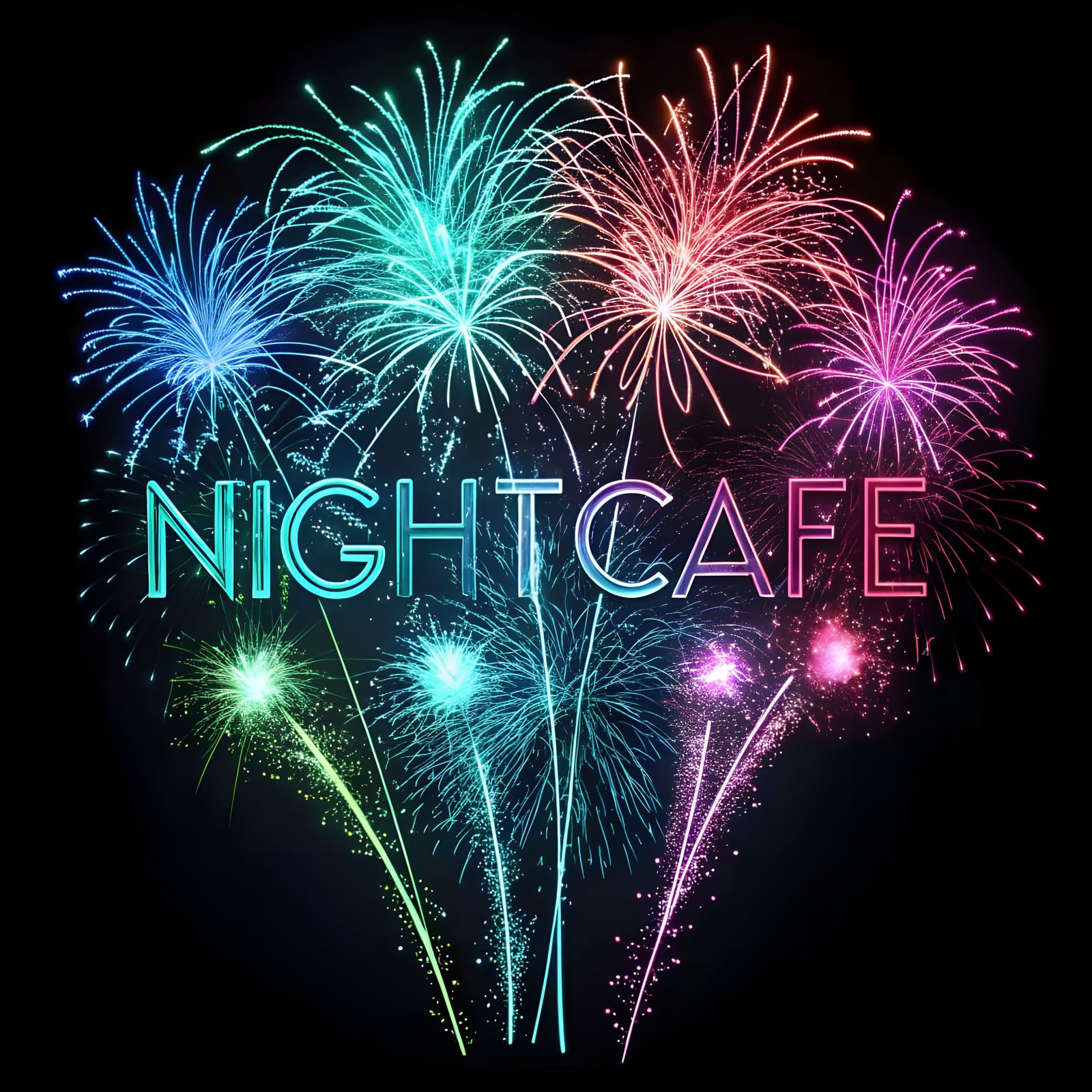 Neon Holographic Fireworks Exploding Against Black