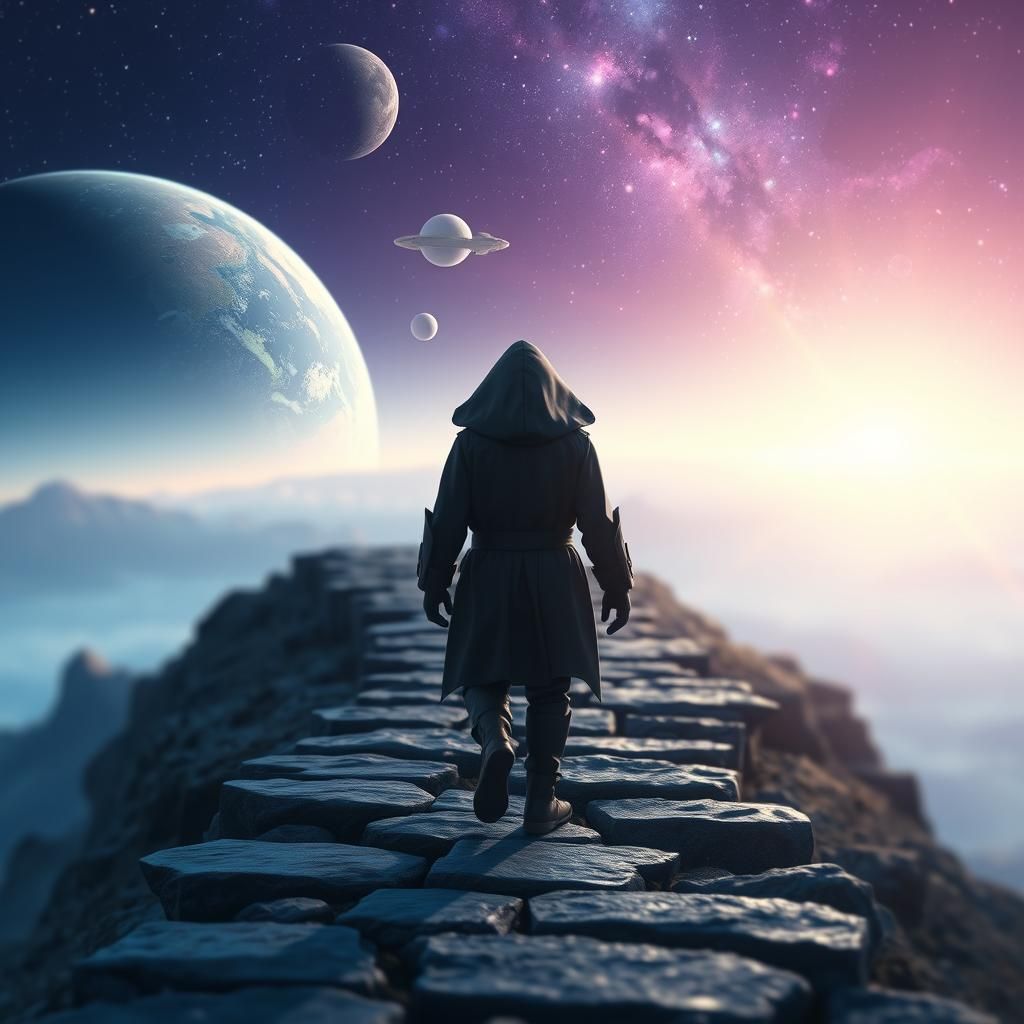 Hooded Figure Walks to Fantasy Galaxy Horizon