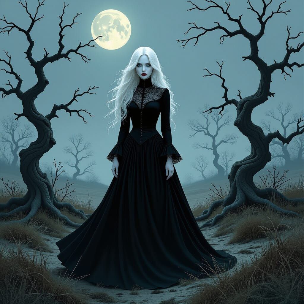 Gothic Albino Woman in Misty Moor, Dark Fantasy Style