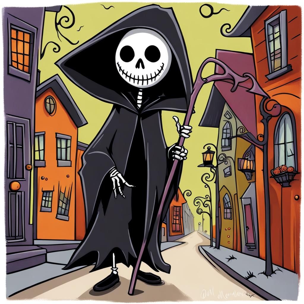 Grim Reaper Stalks Halloween Street: Folk Art Style