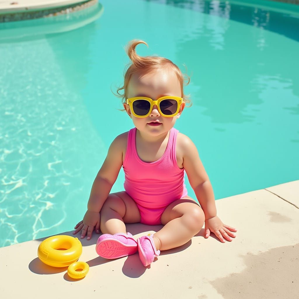 Sunglasses-Wearing Baby by Vibrant Poolside