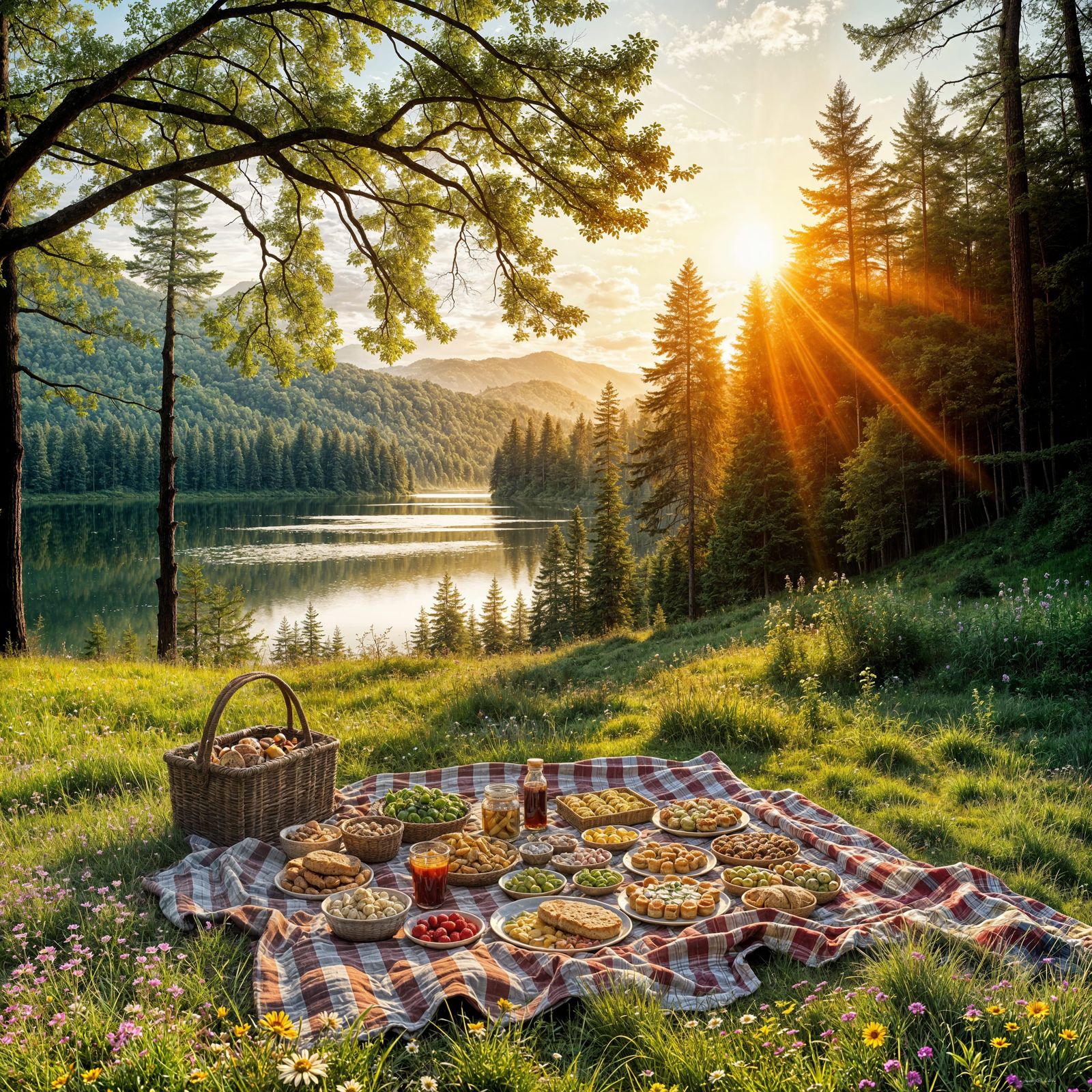 Epic Sunset Meadow Picnic Scene in Digital Art