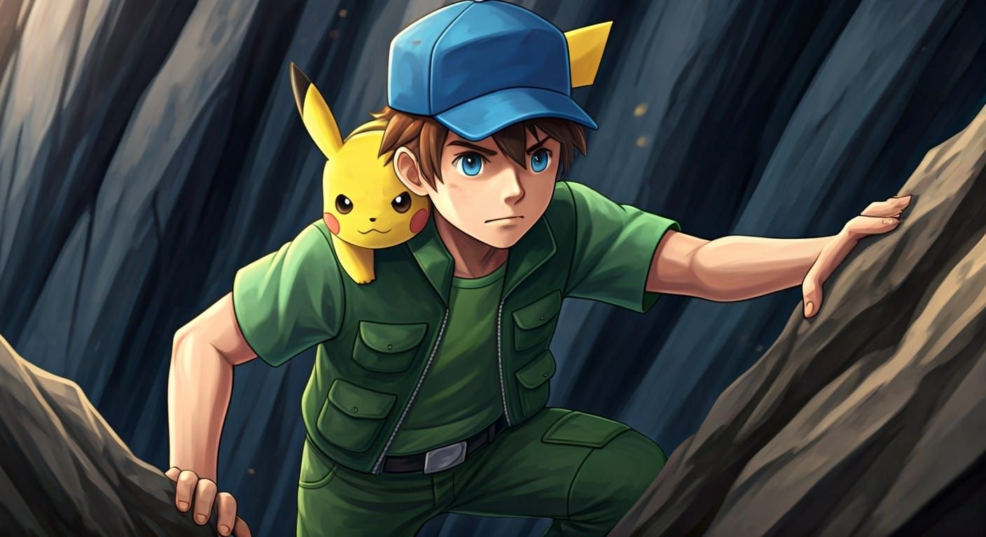 Pokémon Trainer Ritchie Climbs Cliff with Pikachu