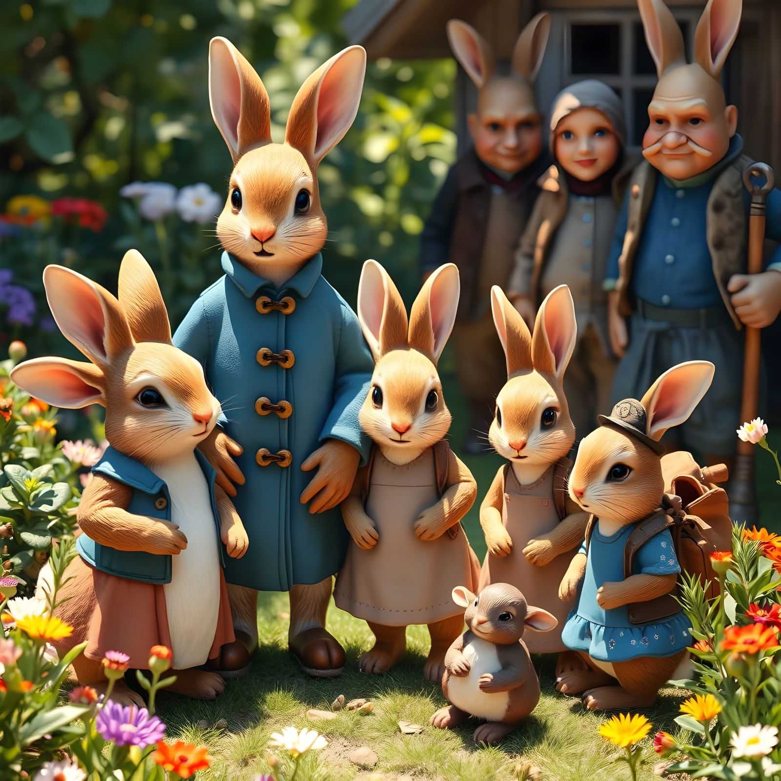 Whimsical Garden Gathering of Rabbit Figurines in Vibrant Co...