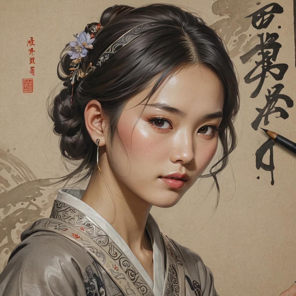Chinese Woman Practicing Calligraphy in Hyperdetailed Portra...
