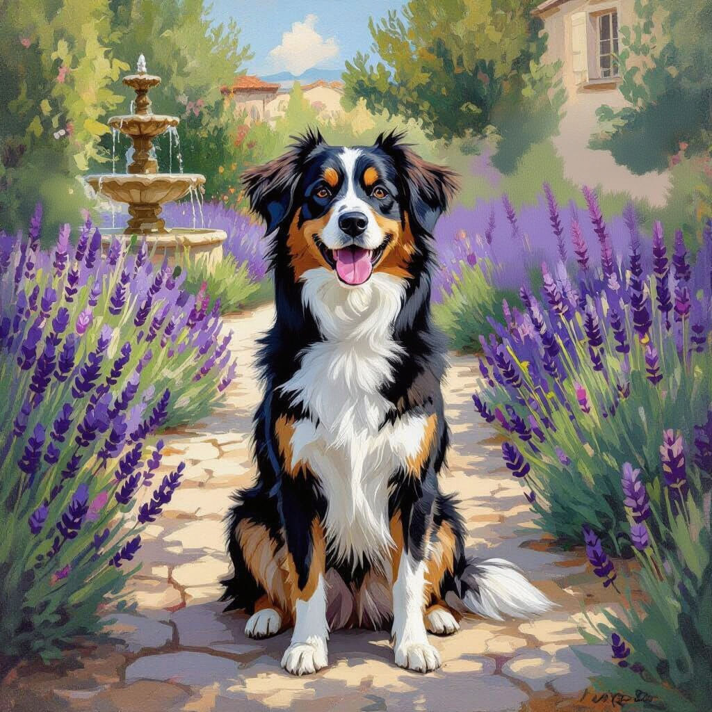 Happy Dog in Serene French Garden