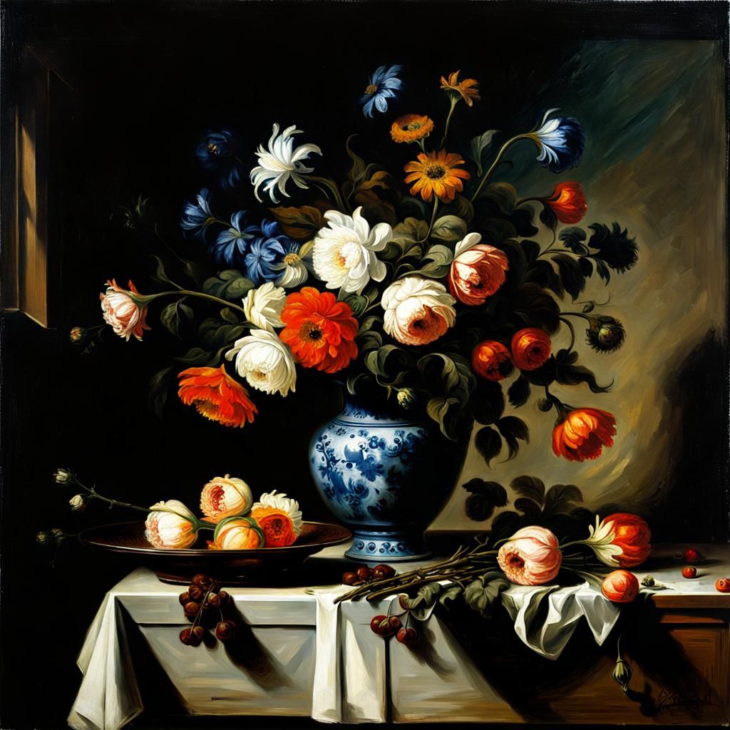 Baroque Still Life of Wilted Flowers with Oil Lamp