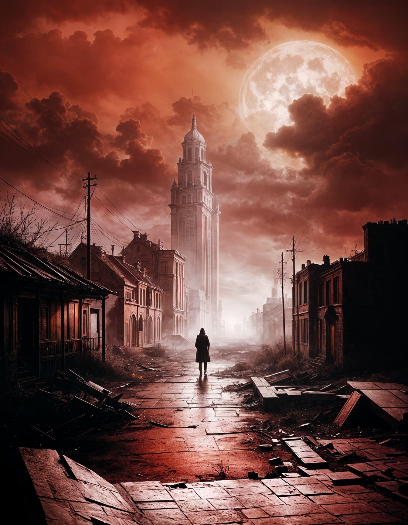 A lone figure stands at the edge of an isolated, abandoned c...