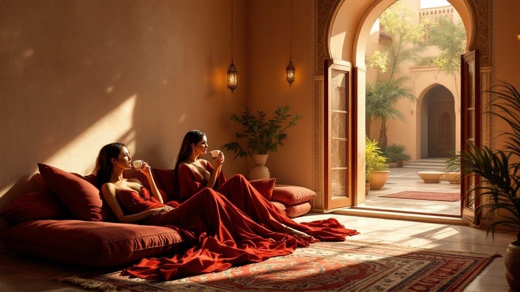 Elegant Moroccan Oasis in Warm, Golden Light