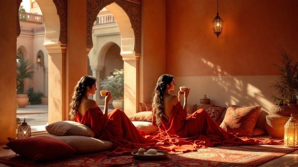 Elegant Moroccan Oasis with Women in Crimson Robes