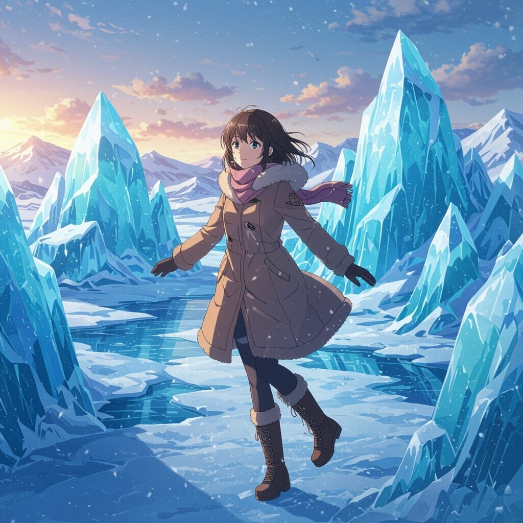 Anime Girl Flies Over Ice Pyramids in Anime Style